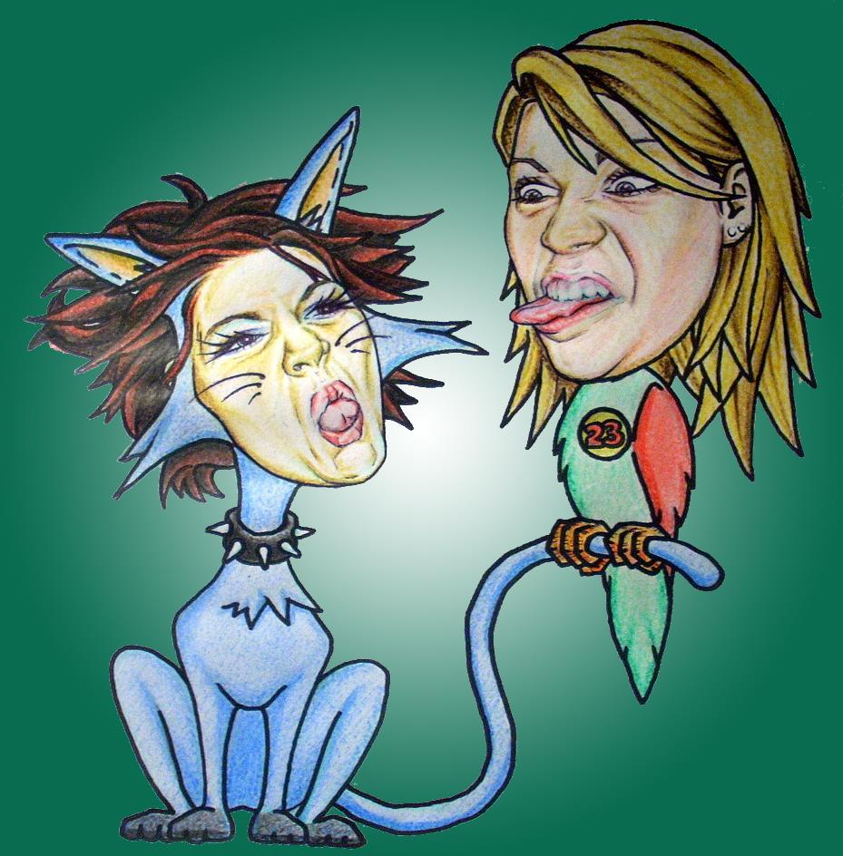 Couple drawn as a cat and a parrot