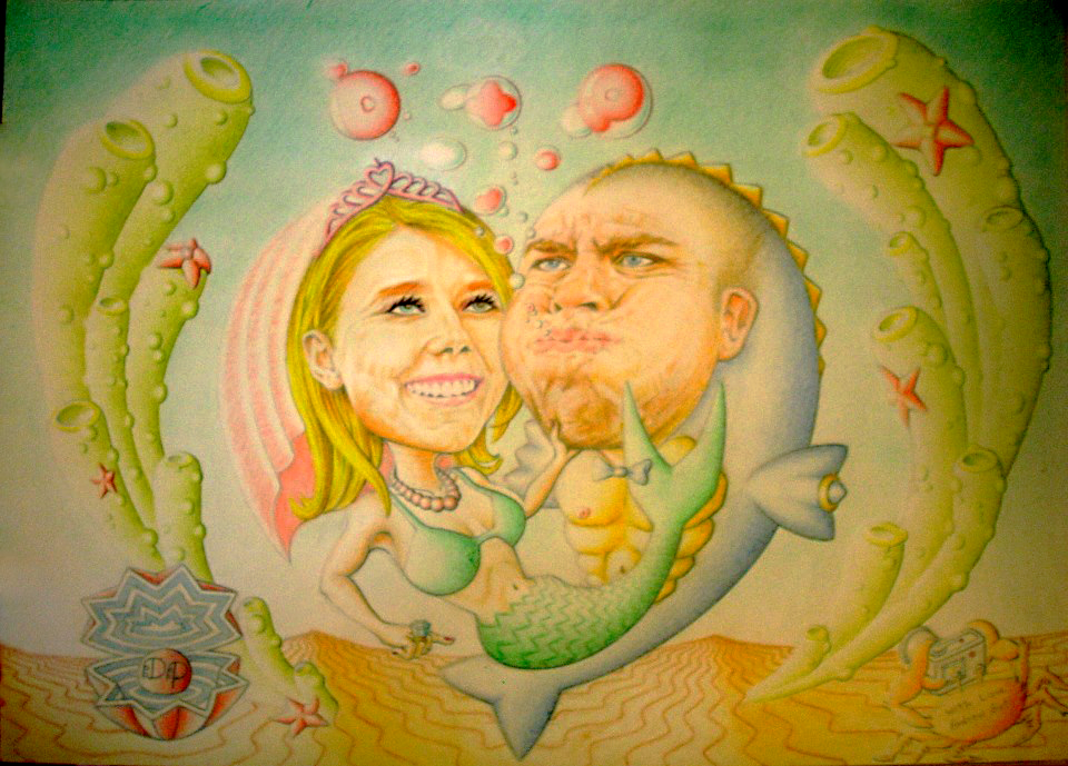 Couple drawn as mermaid and merman