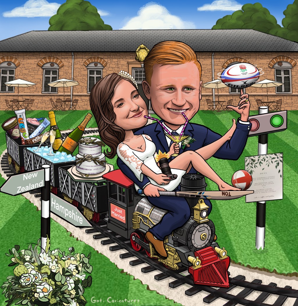 Pre-drawn colour caricature of a bride and groom riding a train, used as a wedding signing board