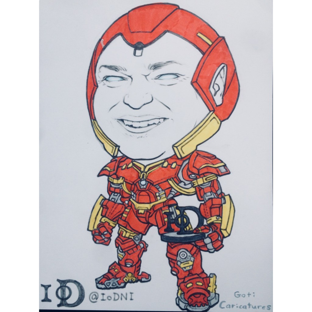 Live caricature in an armoured superhero suit