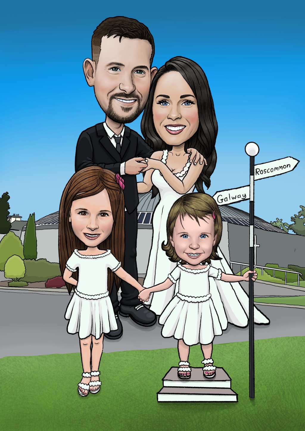 Wedding caricature of a couple with their two children