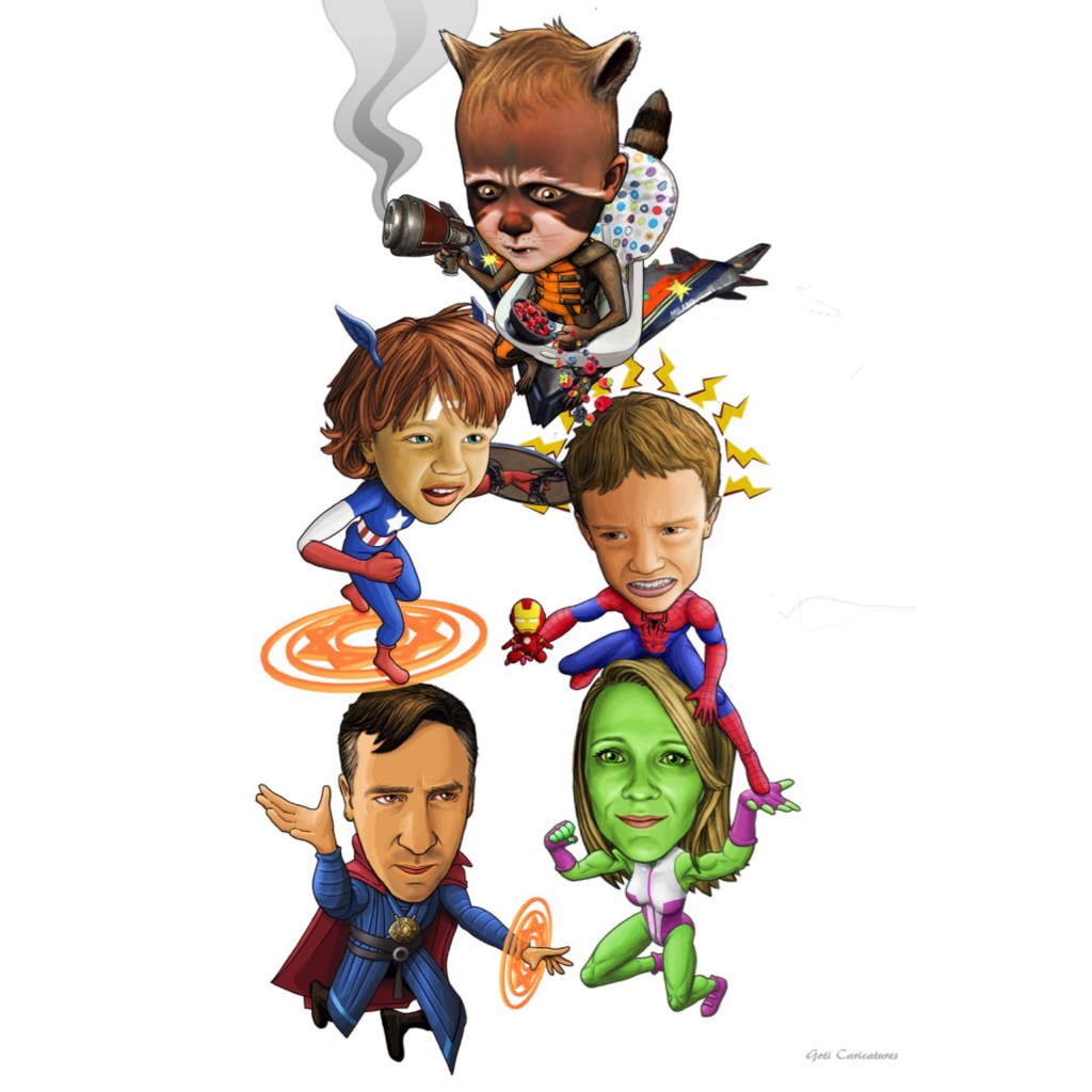 Family drawn as superheroes