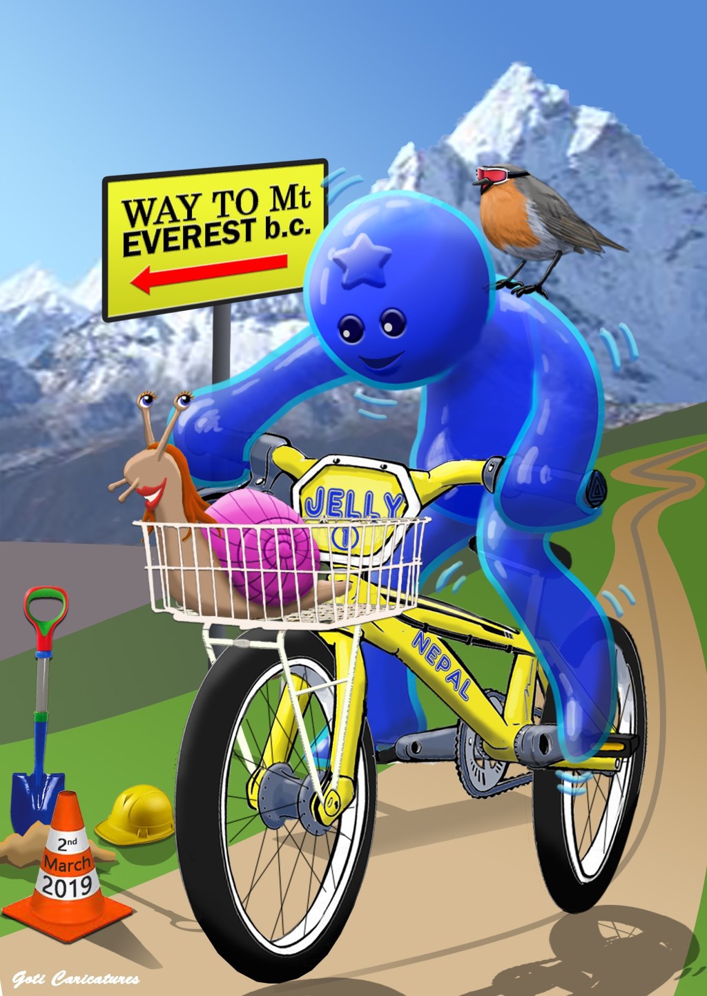 Character cycling to Everest caricature
