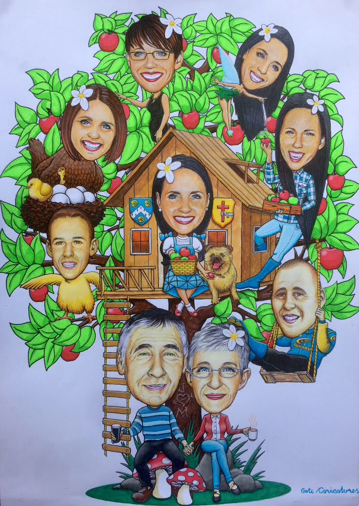 Family tree-house group caricature