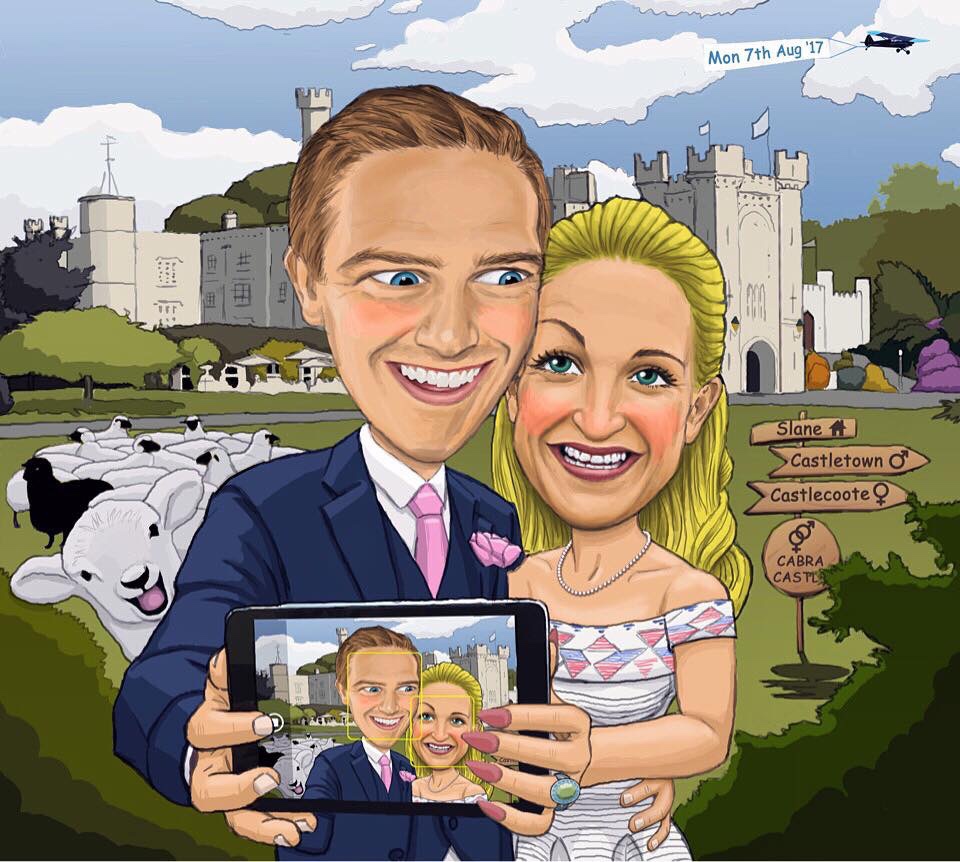 Colour wedding caricature of a couple taking a selfie outside a castle