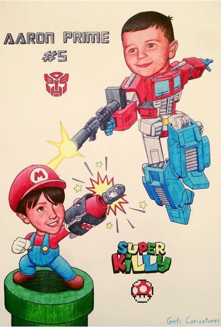 Boy drawn as a video-game and robot hero
