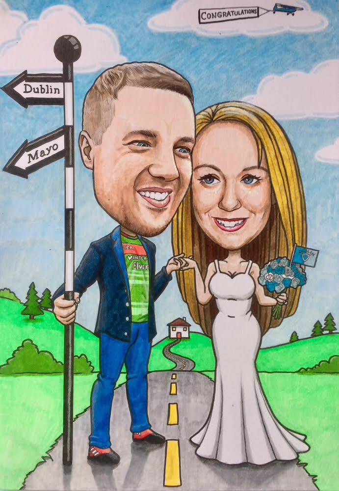 Wedding caricature of a bride and groom with road signs