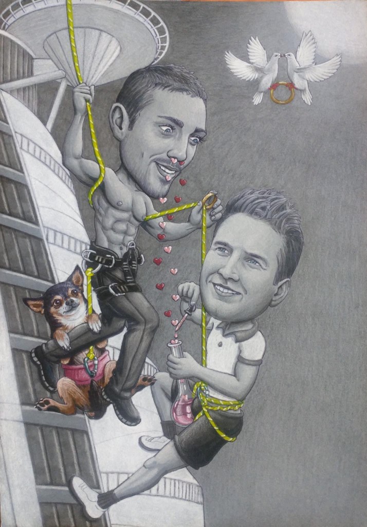 Caricature commission of two grooms abseiling with their chihuahua, doves carrying a ring