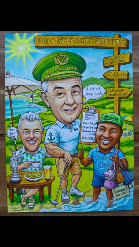 Group caricature commission for a golf society, three friends on a sunny golf course
