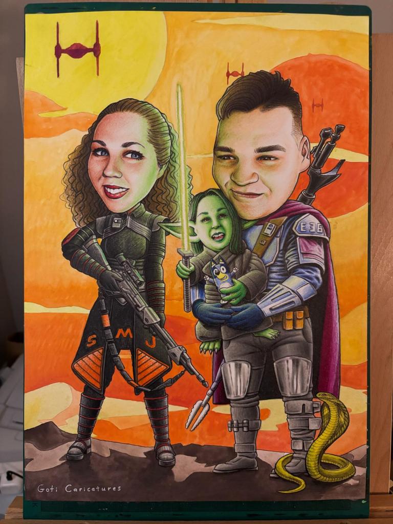 Colour caricature commission of a family as Star Wars characters on a desert planet
