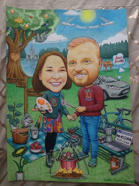 Colour caricature commission of a couple at a lakeside picnic surrounded by personal details