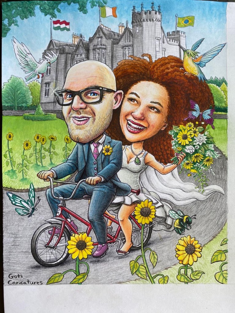 Wedding caricature commission of a bride and groom on a tandem bike in front of a castle with sunflowers