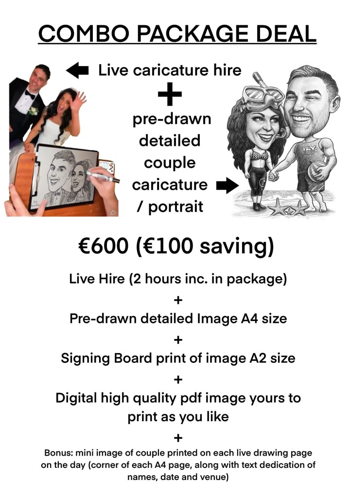 Combo Package Deal flyer: live caricature hire plus a pre-drawn detailed couple caricature for €600, a €100 saving