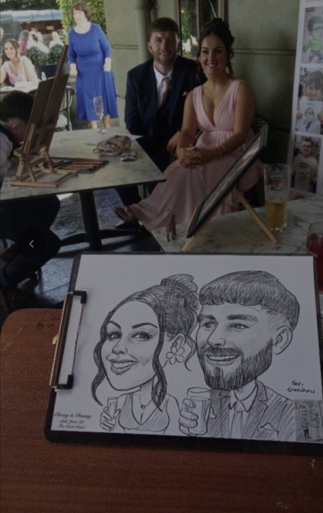 Wedding guests with their live pencil caricature